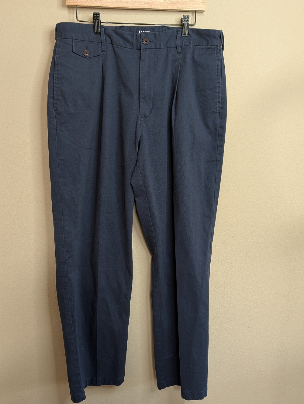 Lands' End Men's Pleated Chino Pants 36x34 Navy Blue Stretch Cotton Straight Leg